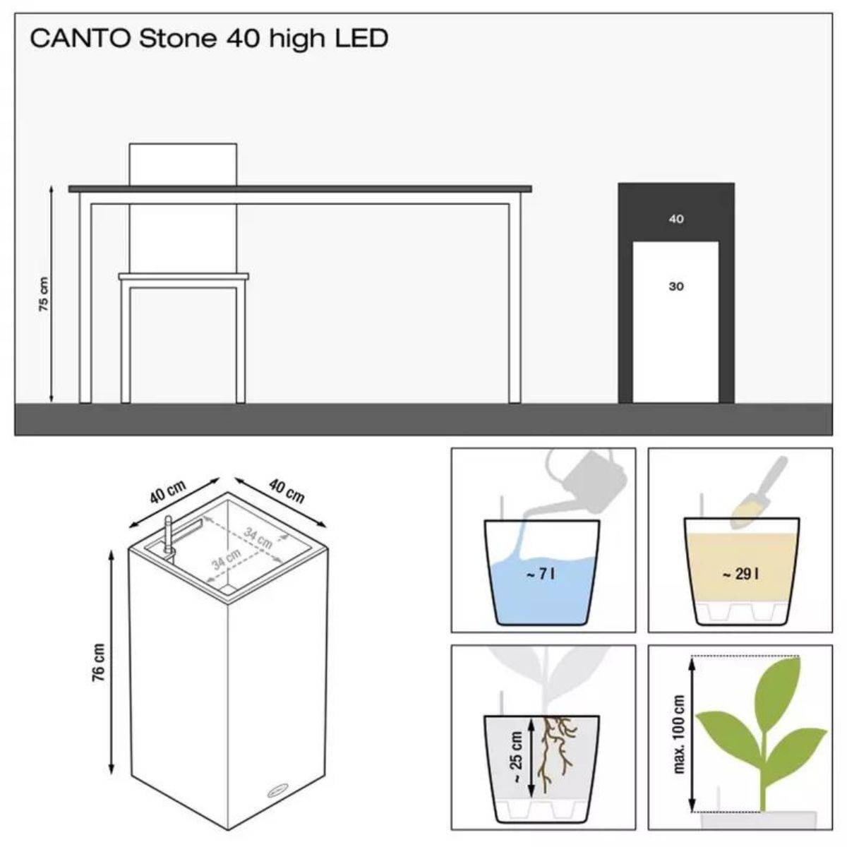 Canto Stone 40 High LED, Lechuza Blomsterpotte